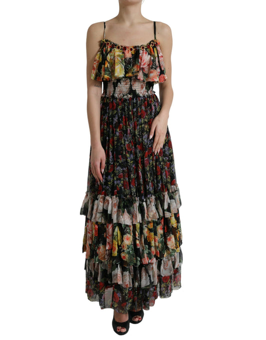 Dolce &amp; Gabbana – Mehrfarbiges, gestuftes Maxikleid aus Chiffon mit Blumenmuster