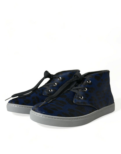 Dolce &amp; Gabbana – Blaue Sneakers aus Kalbsleder mit Leopardenmuster