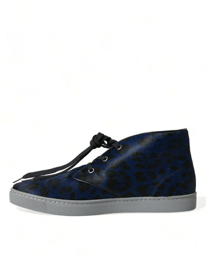Dolce &amp; Gabbana – Blaue Sneakers aus Kalbsleder mit Leopardenmuster