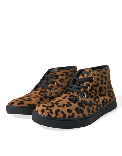 Dolce &amp; Gabbana Braune Sneakers aus Ponyhaarleder mit Leopardenmuster