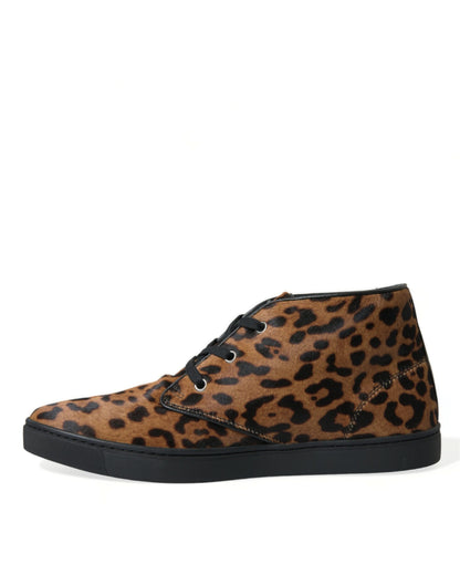 Dolce &amp; Gabbana Braune Sneakers aus Ponyhaarleder mit Leopardenmuster