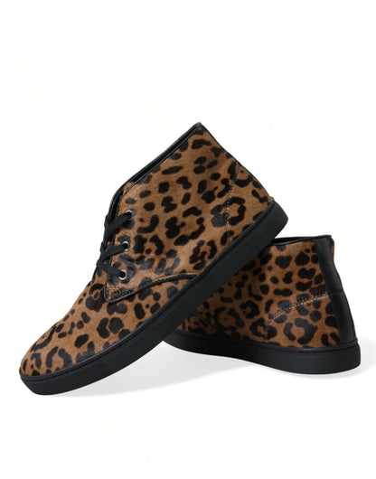 Dolce &amp; Gabbana Braune Sneakers aus Ponyhaarleder mit Leopardenmuster
