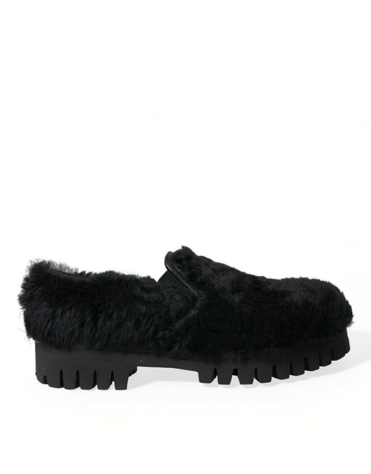 Dolce &amp; Gabbana Schwarze Pelz-Leder-Slipper-Abendschuhe