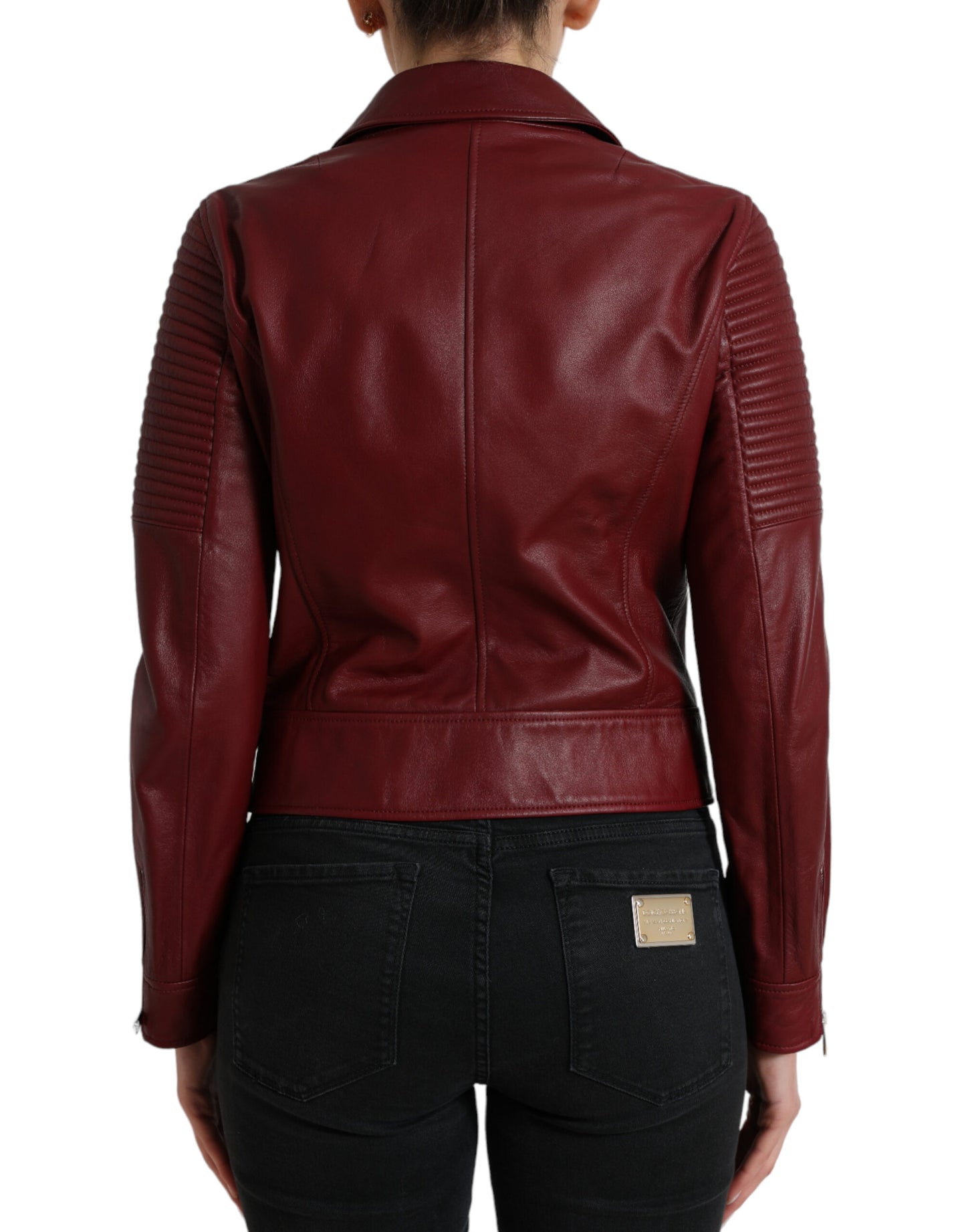 Dolce &amp; Gabbana Bordeaux Leder Bikermantel Lammfelljacke
