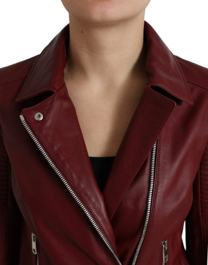 Dolce &amp; Gabbana Bordeaux Leder Bikermantel Lammfelljacke