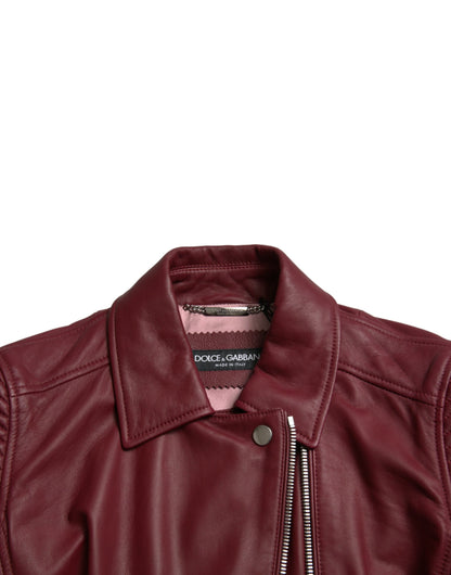 Dolce &amp; Gabbana Bordeaux Leder Bikermantel Lammfelljacke