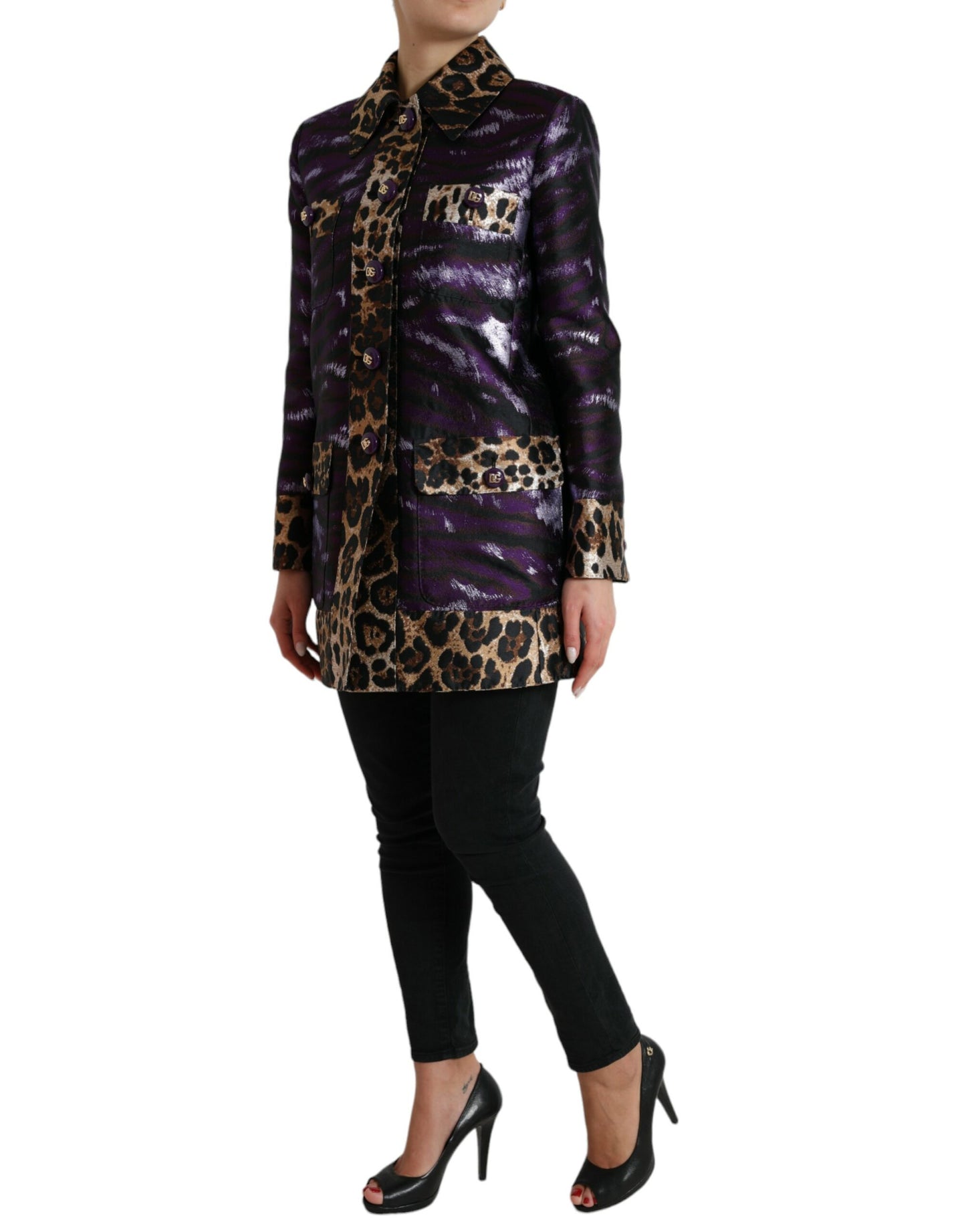 Dolce &amp; Gabbana Lila Lamé-Jacquard-Manteljacke mit Tigermuster