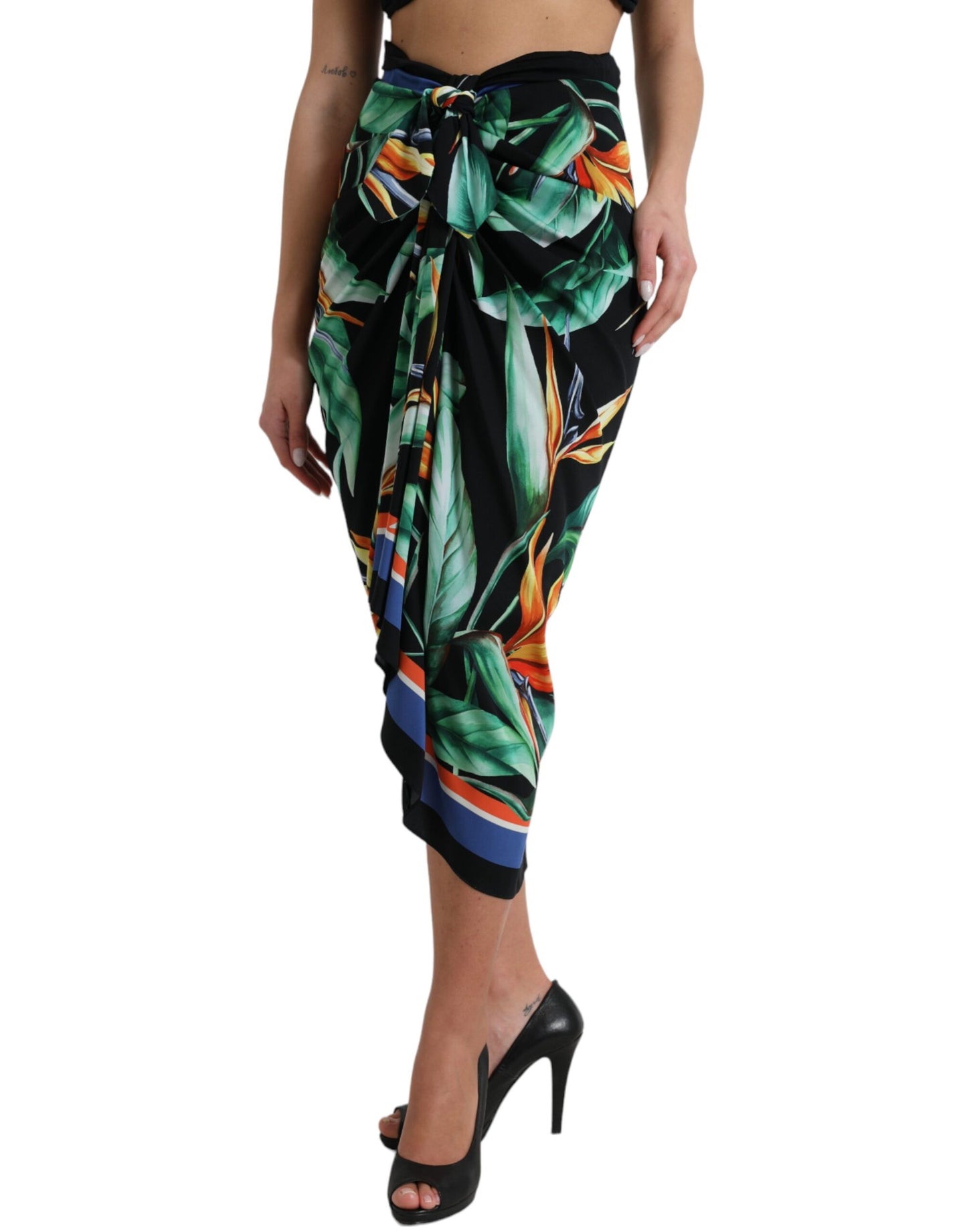 Dolce &amp; Gabbana – Schwarzer Strelitzia-Wickelrock mit hoher Taille