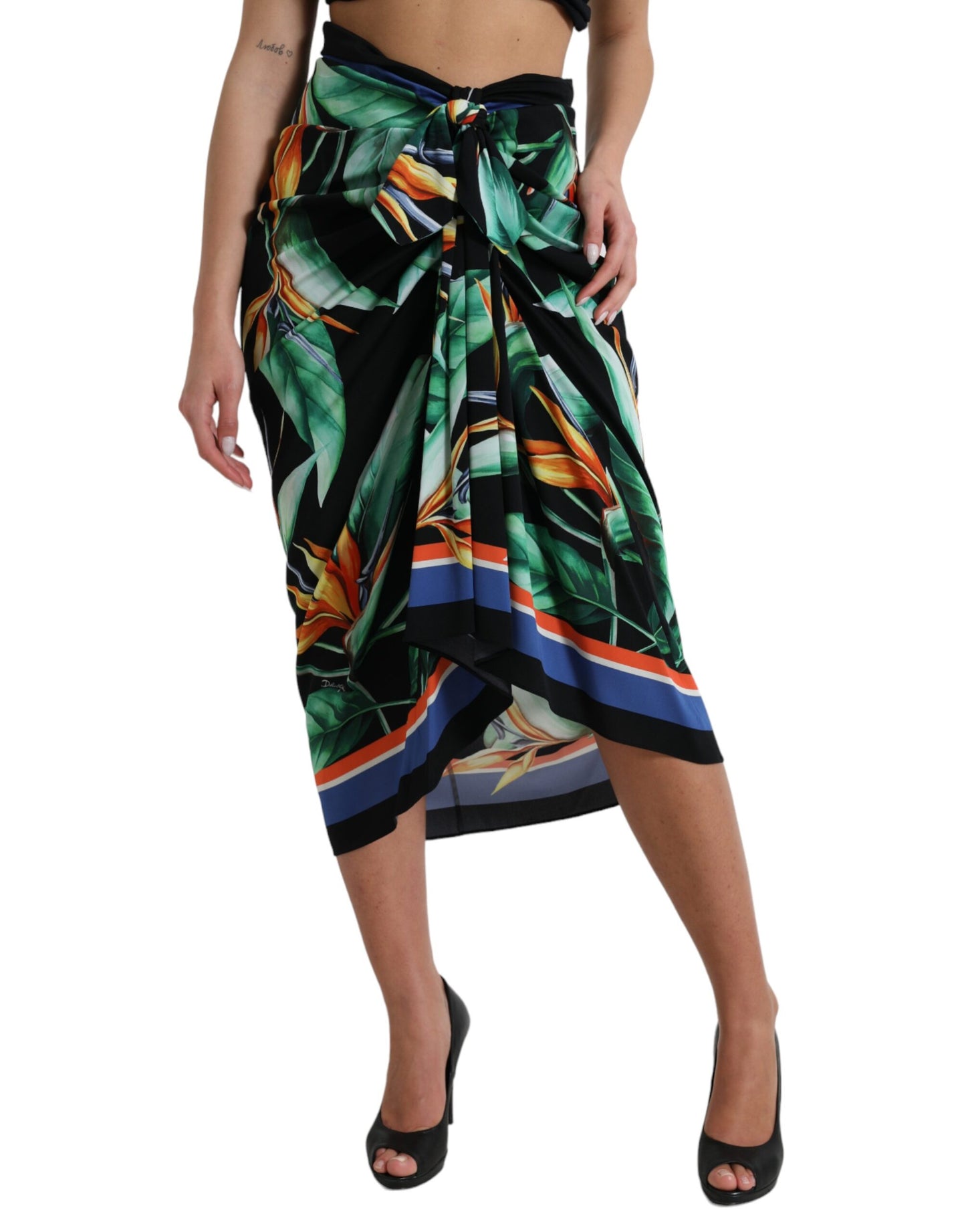 Dolce &amp; Gabbana – Schwarzer Strelitzia-Wickelrock mit hoher Taille