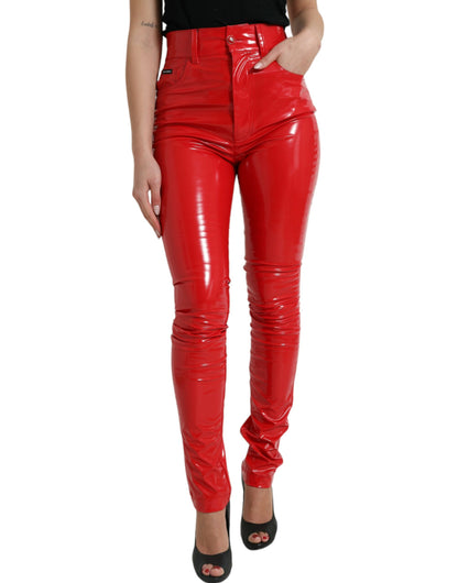 Dolce &amp; Gabbana – Glänzend rote Skinny-Hose mit hoher Taille