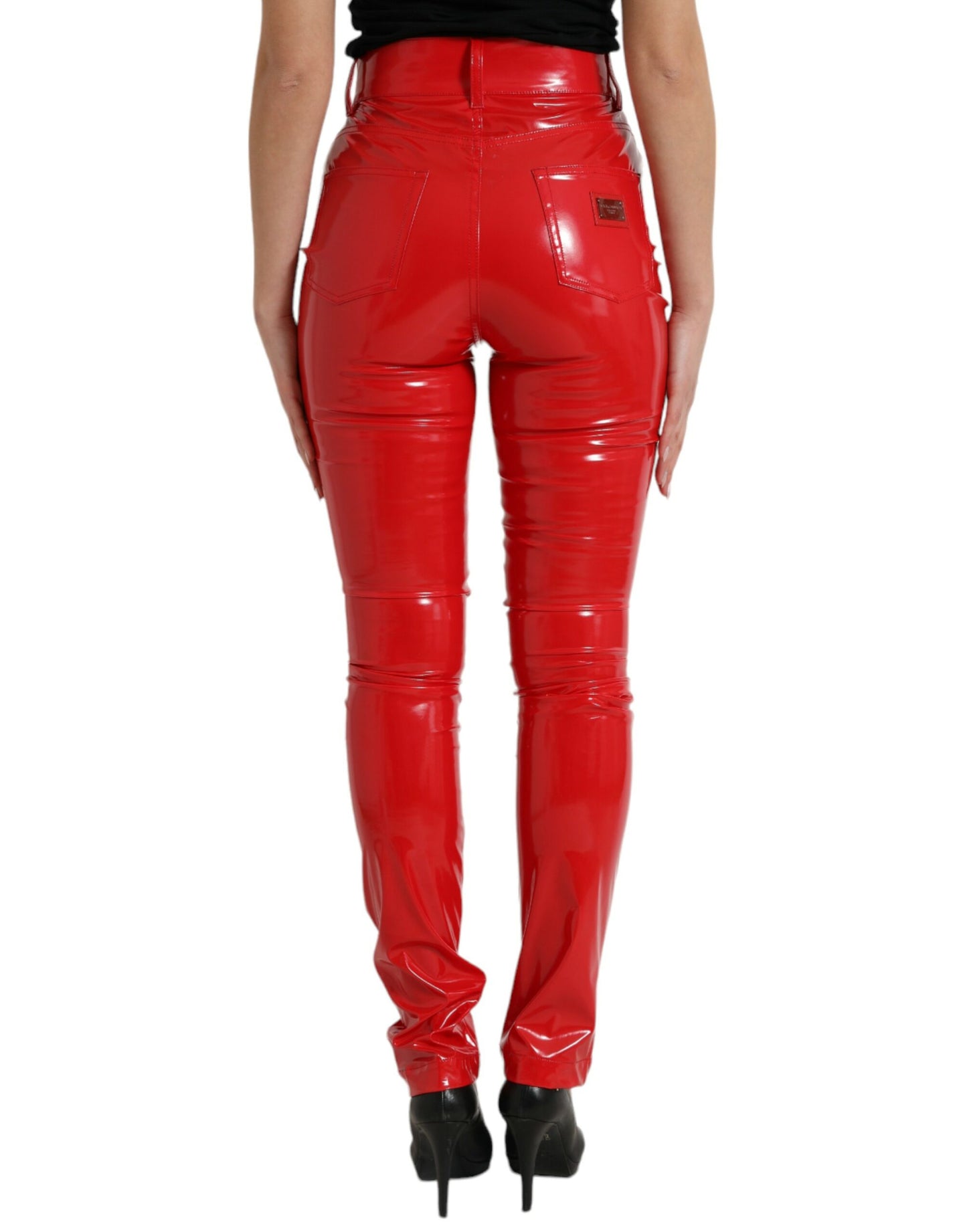 Dolce &amp; Gabbana – Glänzend rote Skinny-Hose mit hoher Taille