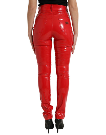Dolce &amp; Gabbana – Glänzend rote Skinny-Hose mit hoher Taille