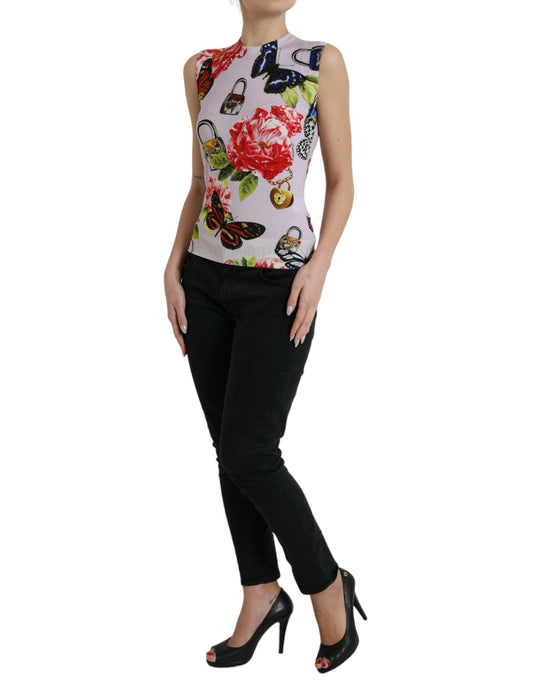 Dolce & Gabbana Tanktop mit mehrfarbigem Blumenmuster und Vorhängeschloss und Schmetterling