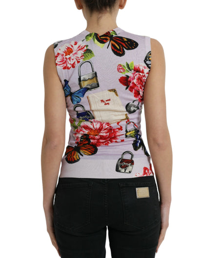 Dolce &amp; Gabbana Tanktop mit mehrfarbigem Blumenmuster und Vorhängeschloss und Schmetterling