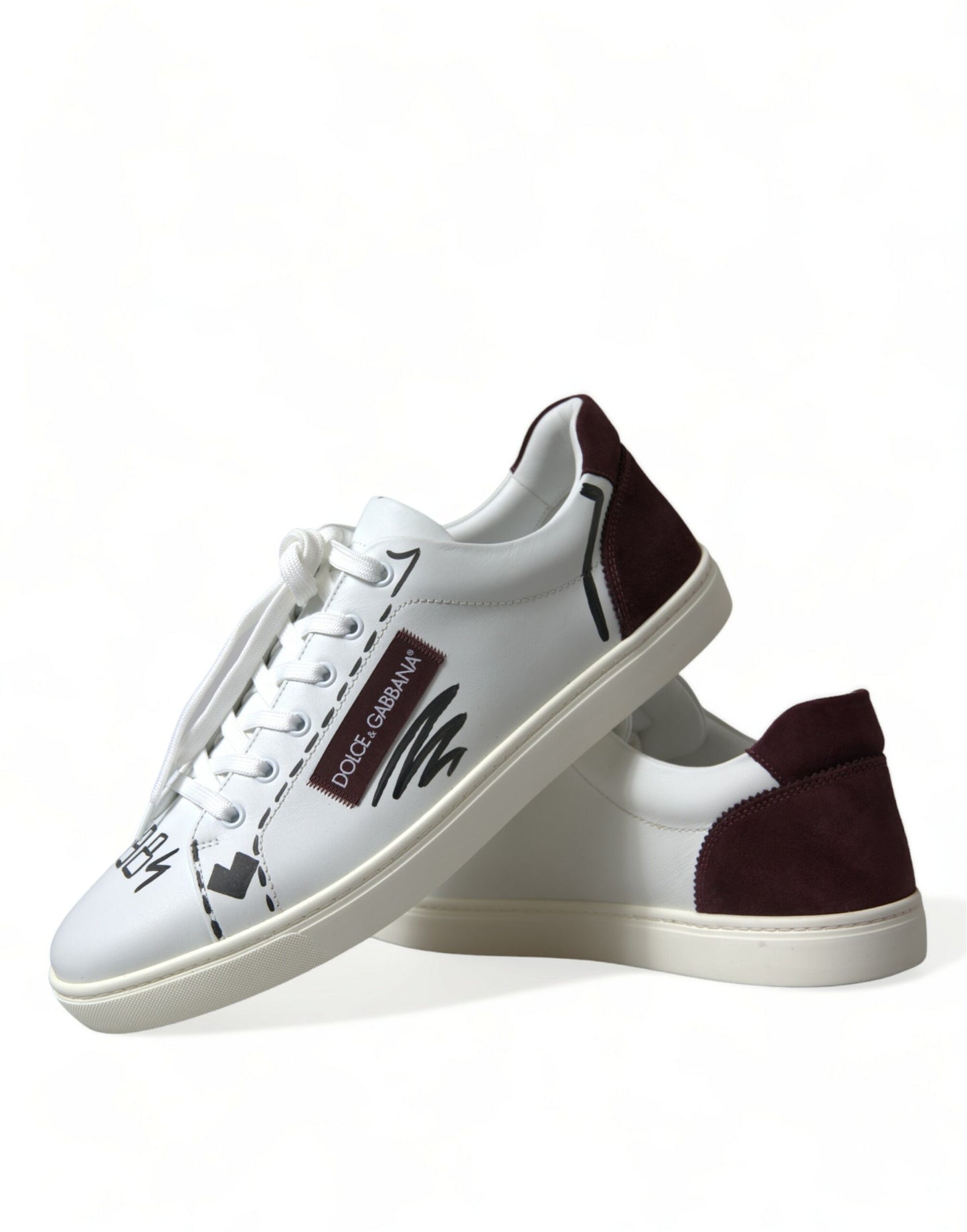 Dolce &amp; Gabbana Weiß Bordeaux Leder Logo Low Top Sneakers Schuhe