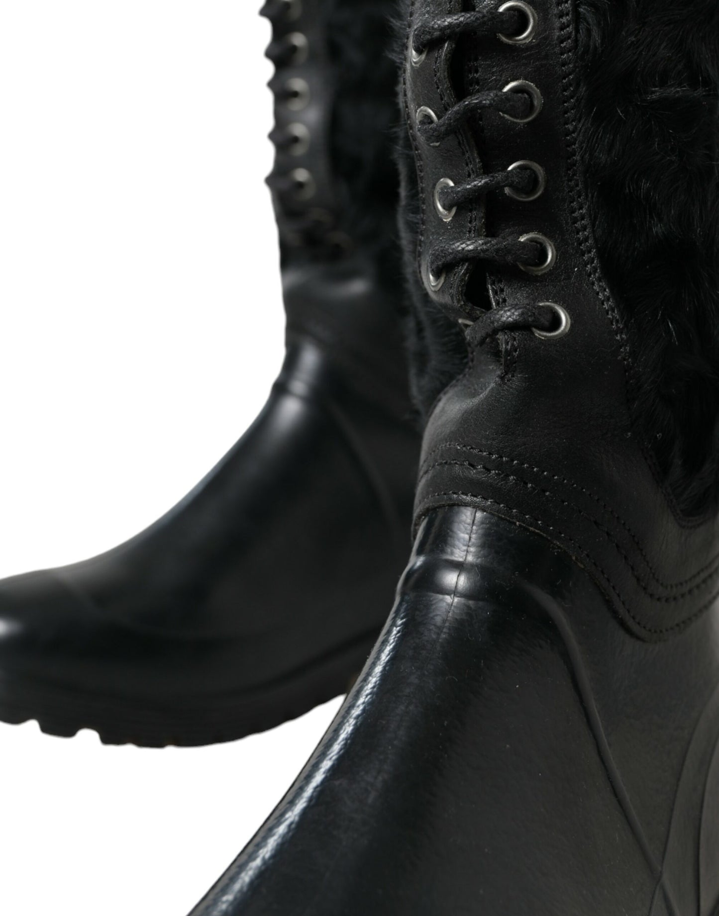 Dolce &amp; Gabbana – Regenstiefel aus schwarzem Gummi mit Schnürung und Lammfell