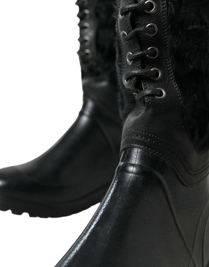Dolce &amp; Gabbana – Regenstiefel aus schwarzem Gummi mit Schnürung und Lammfell