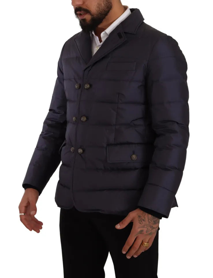 Dolce &amp; Gabbana Blauer Seidenziegenmantel Blouson Winterjacke