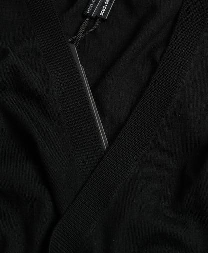 Dolce &amp; Gabbana – Schwarzer Cardigan aus Wolle mit V-Ausschnitt und gekreuztem Saum