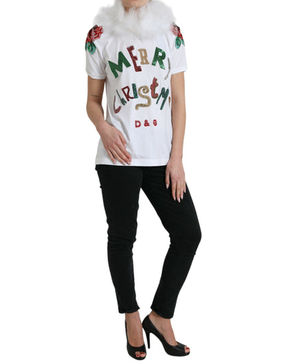 Dolce &amp; Gabbana Weißes Baumwoll-T-Shirt mit Weihnachtspailletten und Pelz