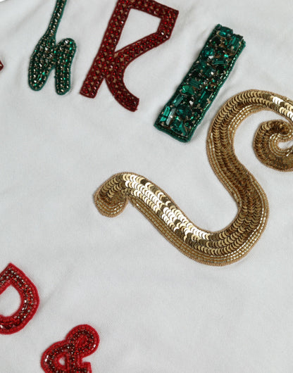 Dolce &amp; Gabbana Weißes Baumwoll-T-Shirt mit Weihnachtspailletten und Pelz