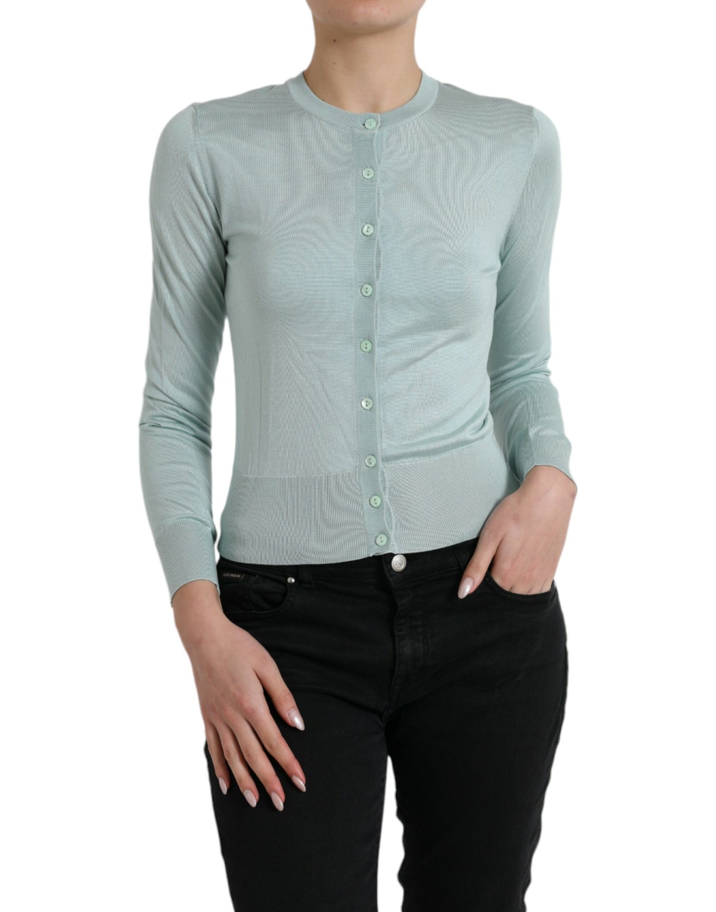 Dolce &amp; Gabbana Hellblauer Cardigan-Pullover aus Seide mit Rundhalsausschnitt