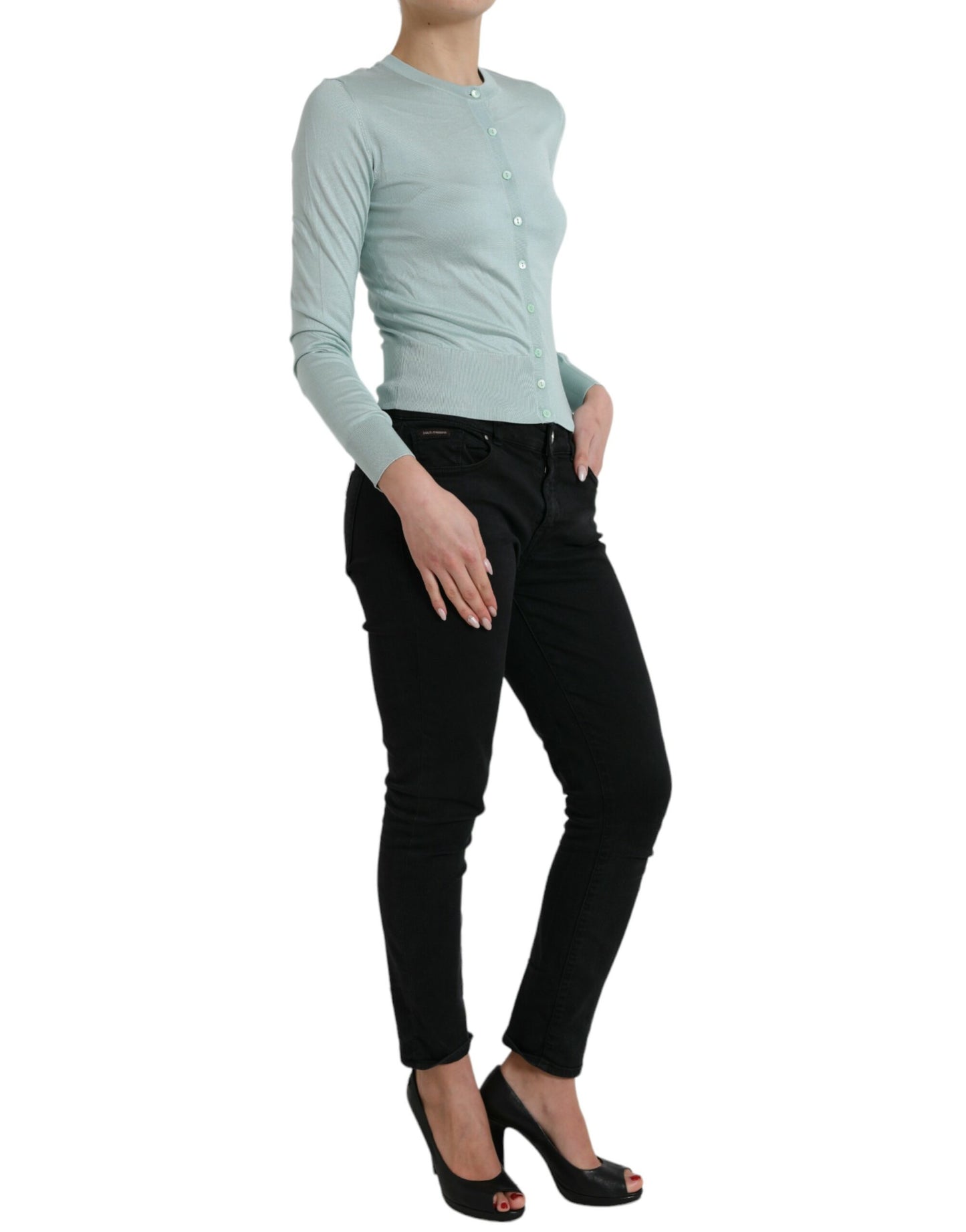 Dolce &amp; Gabbana Hellblauer Cardigan-Pullover aus Seide mit Rundhalsausschnitt