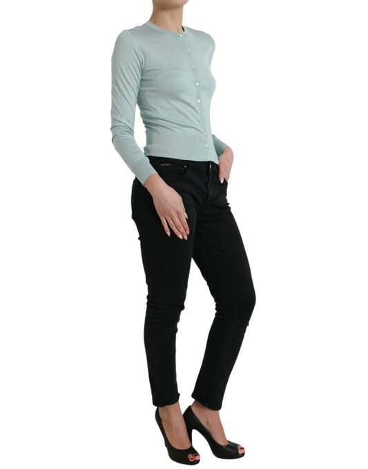 Dolce &amp; Gabbana Hellblauer Cardigan-Pullover aus Seide mit Rundhalsausschnitt