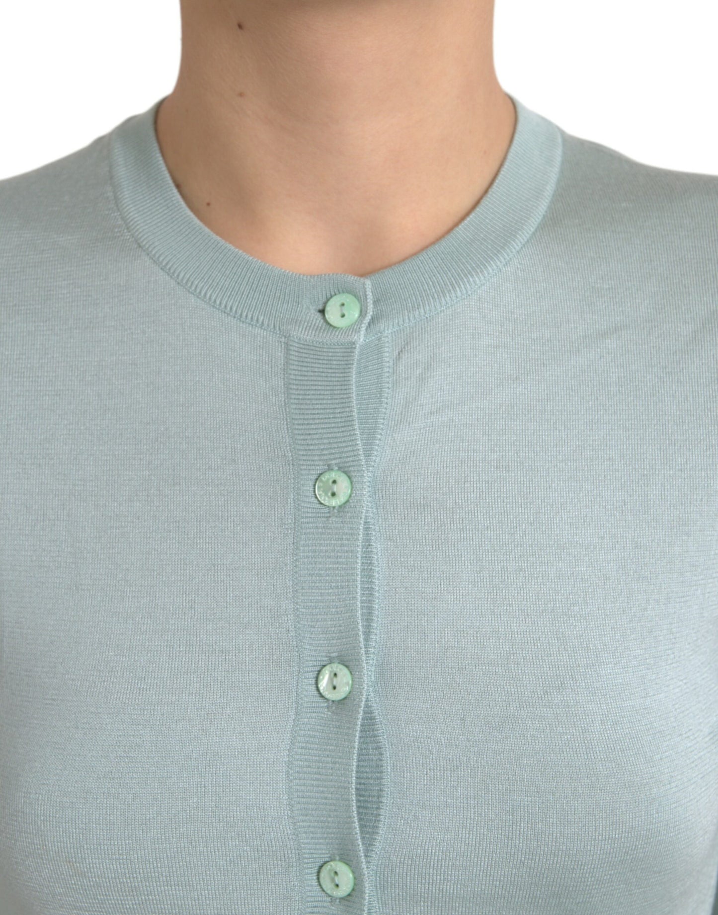 Dolce &amp; Gabbana Hellblauer Cardigan-Pullover aus Seide mit Rundhalsausschnitt