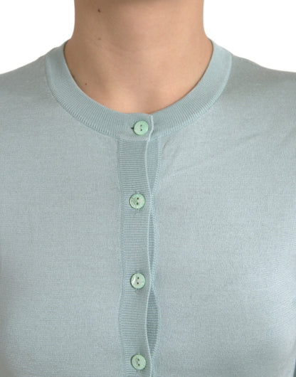 Dolce &amp; Gabbana Hellblauer Cardigan-Pullover aus Seide mit Rundhalsausschnitt