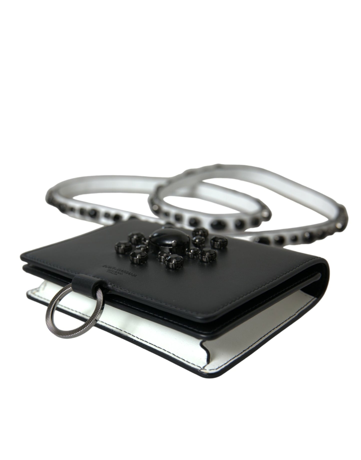 Dolce &amp; Gabbana – Kartenetui aus schwarz-weißem Leder mit Kristallverzierung