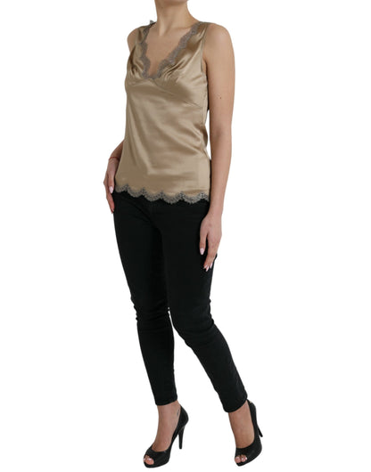 Dolce &amp; Gabbana – Braunes, ärmelloses Tanktop mit V-Ausschnitt und Spitzenbesatz