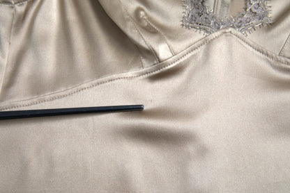 Dolce &amp; Gabbana – Braunes, ärmelloses Tanktop mit V-Ausschnitt und Spitzenbesatz