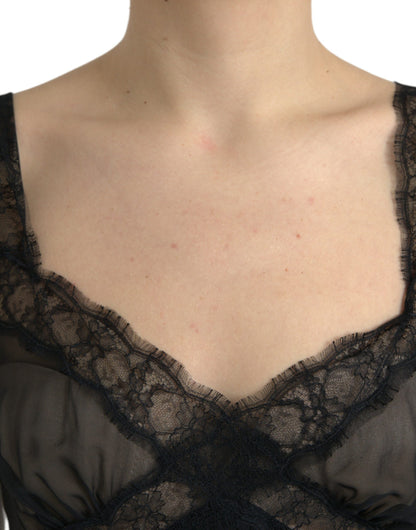 Dolce &amp; Gabbana – Schwarzes Minikleid aus plissierter Seide und Spitzenchiffon