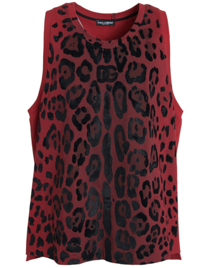Dolce &amp; Gabbana – Rotes, ärmelloses Tank-T-Shirt mit Leopardenmuster