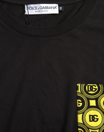 Dolce &amp; Gabbana – Schwarzes Baumwoll-T-Shirt mit Rundhalsausschnitt und bedruckter Tasche