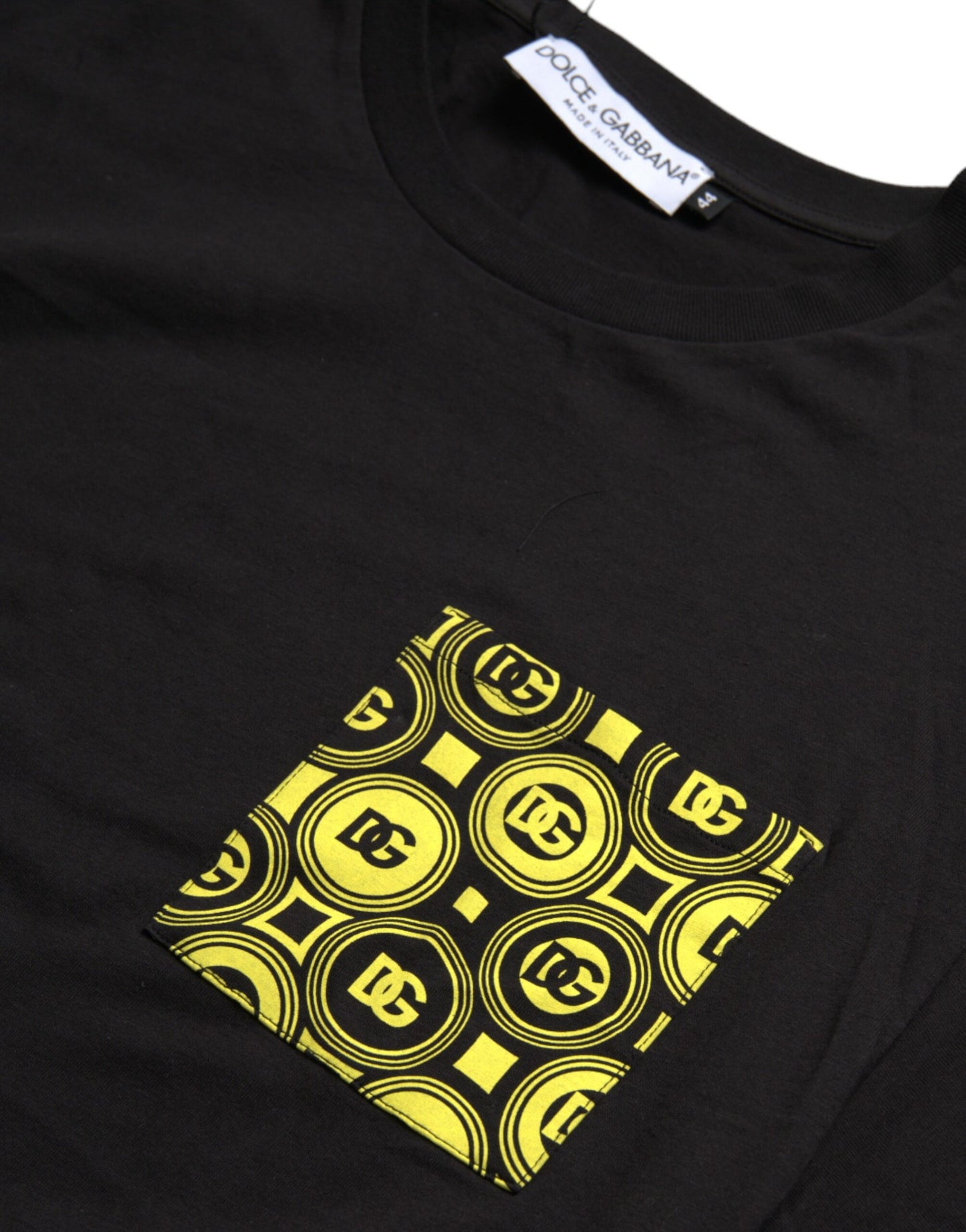 Dolce &amp; Gabbana – Schwarzes Baumwoll-T-Shirt mit Rundhalsausschnitt und bedruckter Tasche