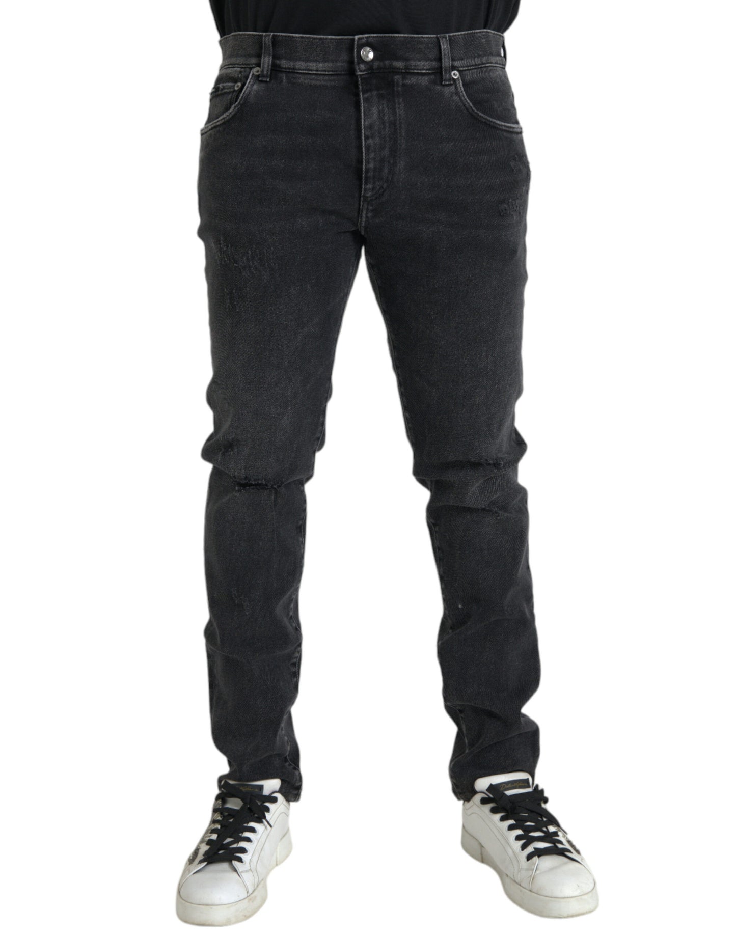 Dolce &amp; Gabbana – Graue Skinny-Jeans aus Baumwollstretch mit Logo