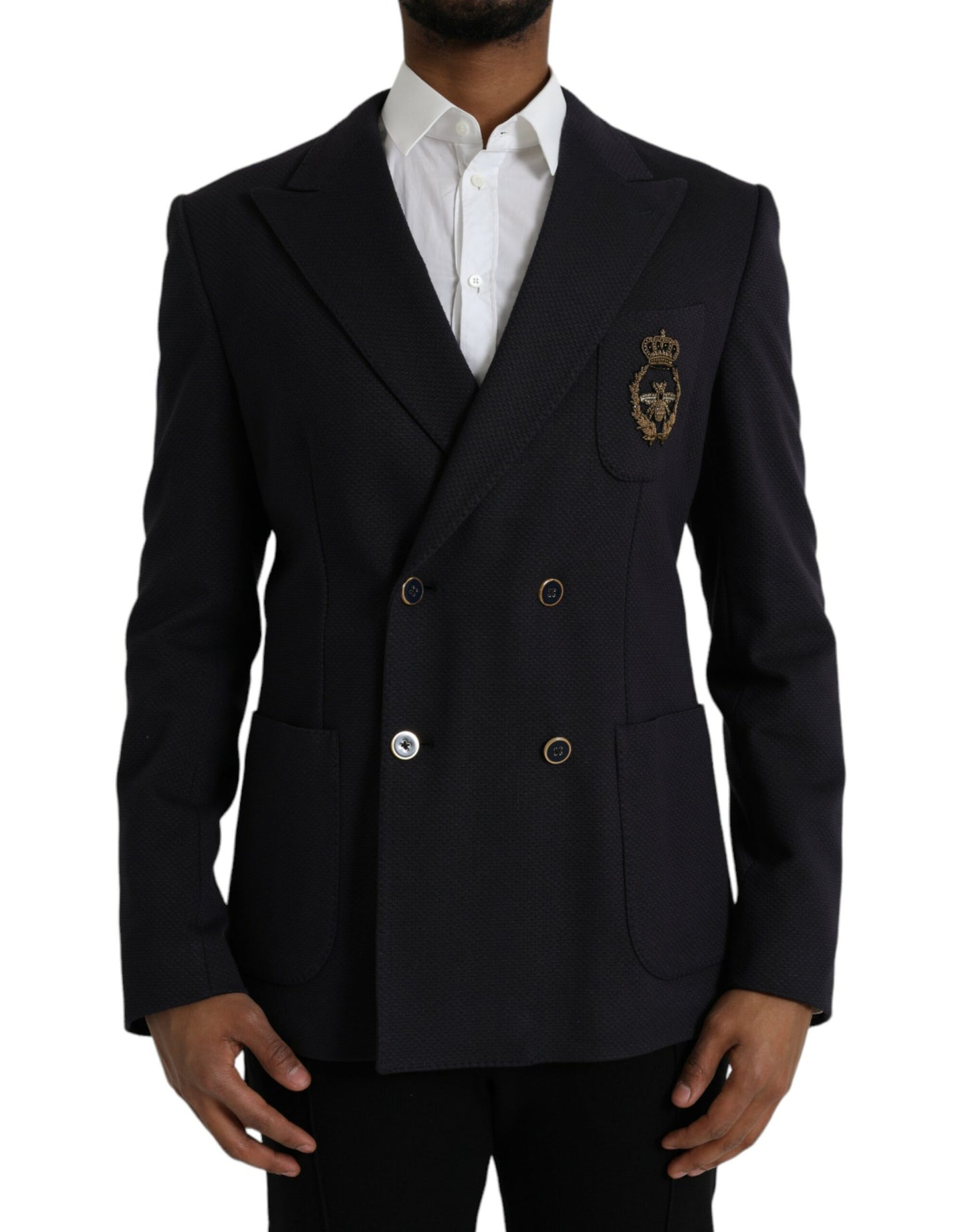 Dolce &amp; Gabbana – Dunkelblauer, zweireihiger Blazer mit Kronenbiene