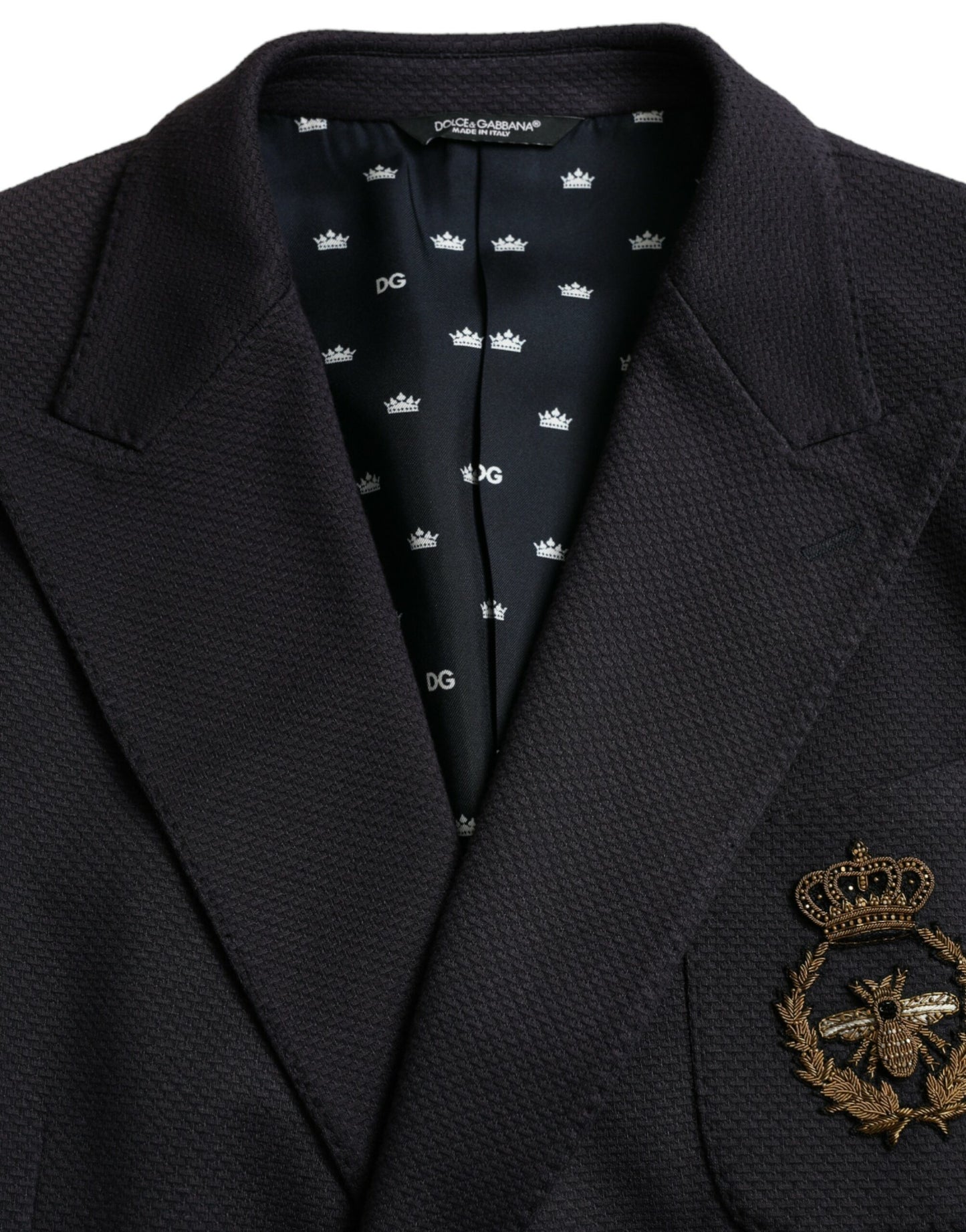 Dolce &amp; Gabbana – Dunkelblauer, zweireihiger Blazer mit Kronenbiene