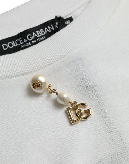 Dolce &amp; Gabbana – Weißes, verziertes Baumwoll-T-Shirt mit Rundhalsausschnitt