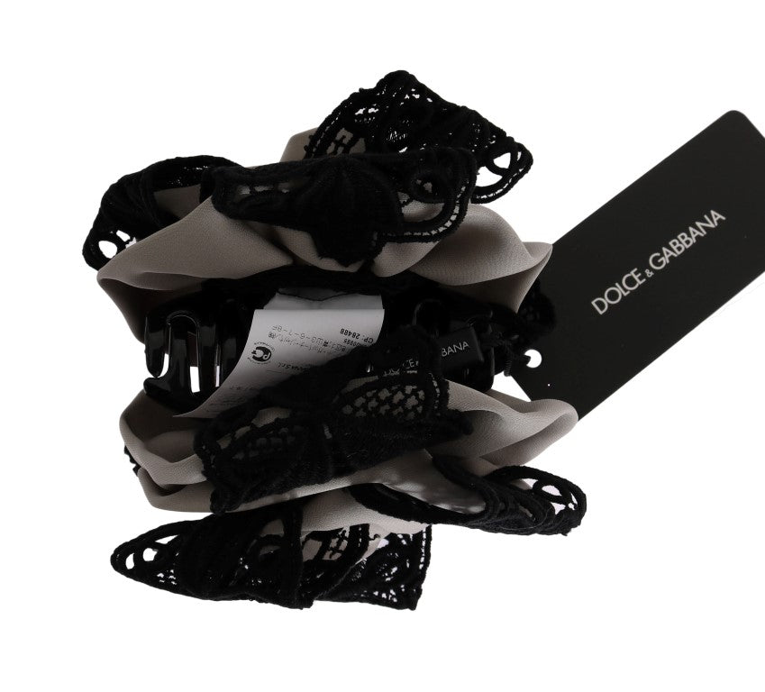Dolce &amp; Gabbana Haarklammer aus grauer Seide und schwarzer Spitze