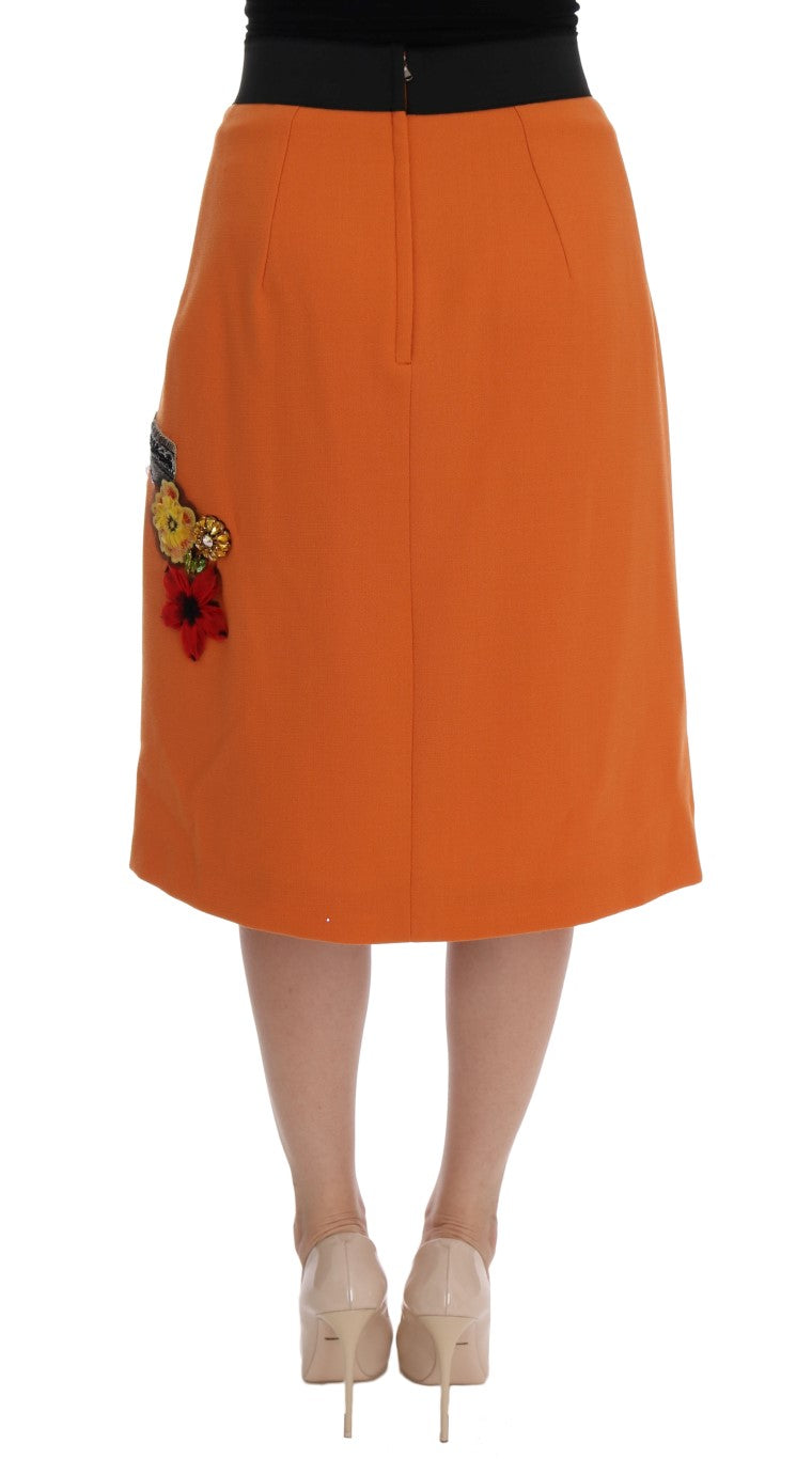 Dolce &amp; Gabbana – Orangefarbener Wollrock mit Kristall-Pailletten-Applikationen