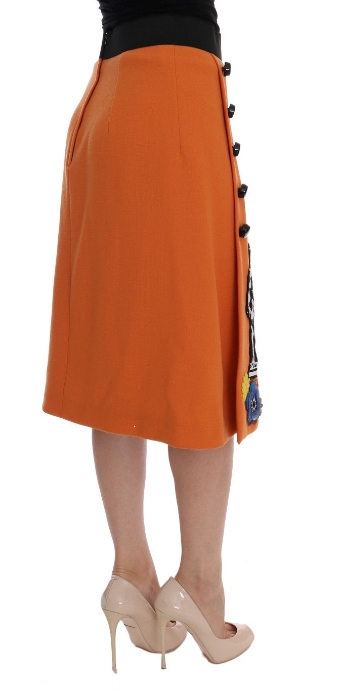 Dolce &amp; Gabbana – Orangefarbener Wollrock mit Kristall-Pailletten-Applikationen
