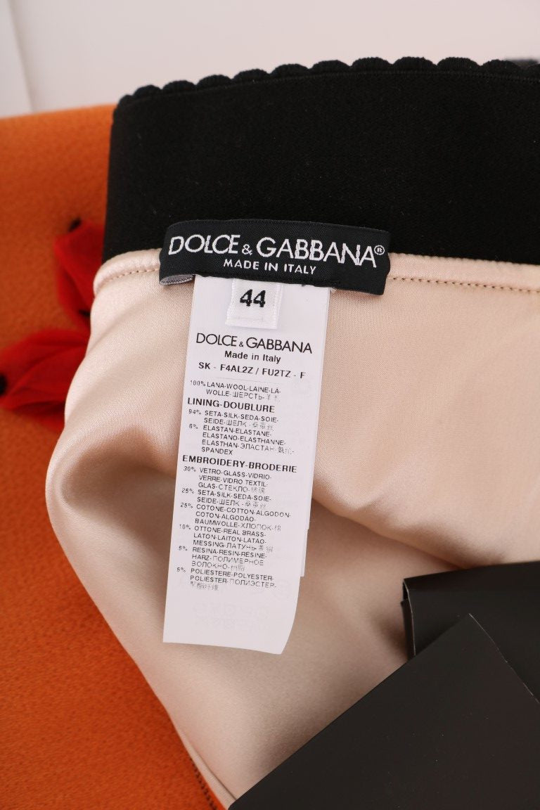 Dolce &amp; Gabbana – Orangefarbener Wollrock mit Kristall-Pailletten-Applikationen