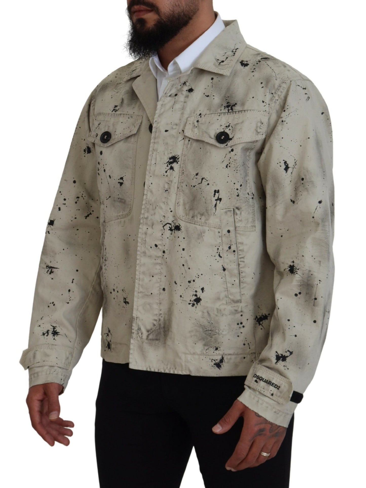 Dsquared² – Lässige Jeansjacke in Off-White mit schwarzem Splash-Print