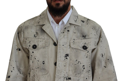 Dsquared² – Lässige Jeansjacke in Off-White mit schwarzem Splash-Print
