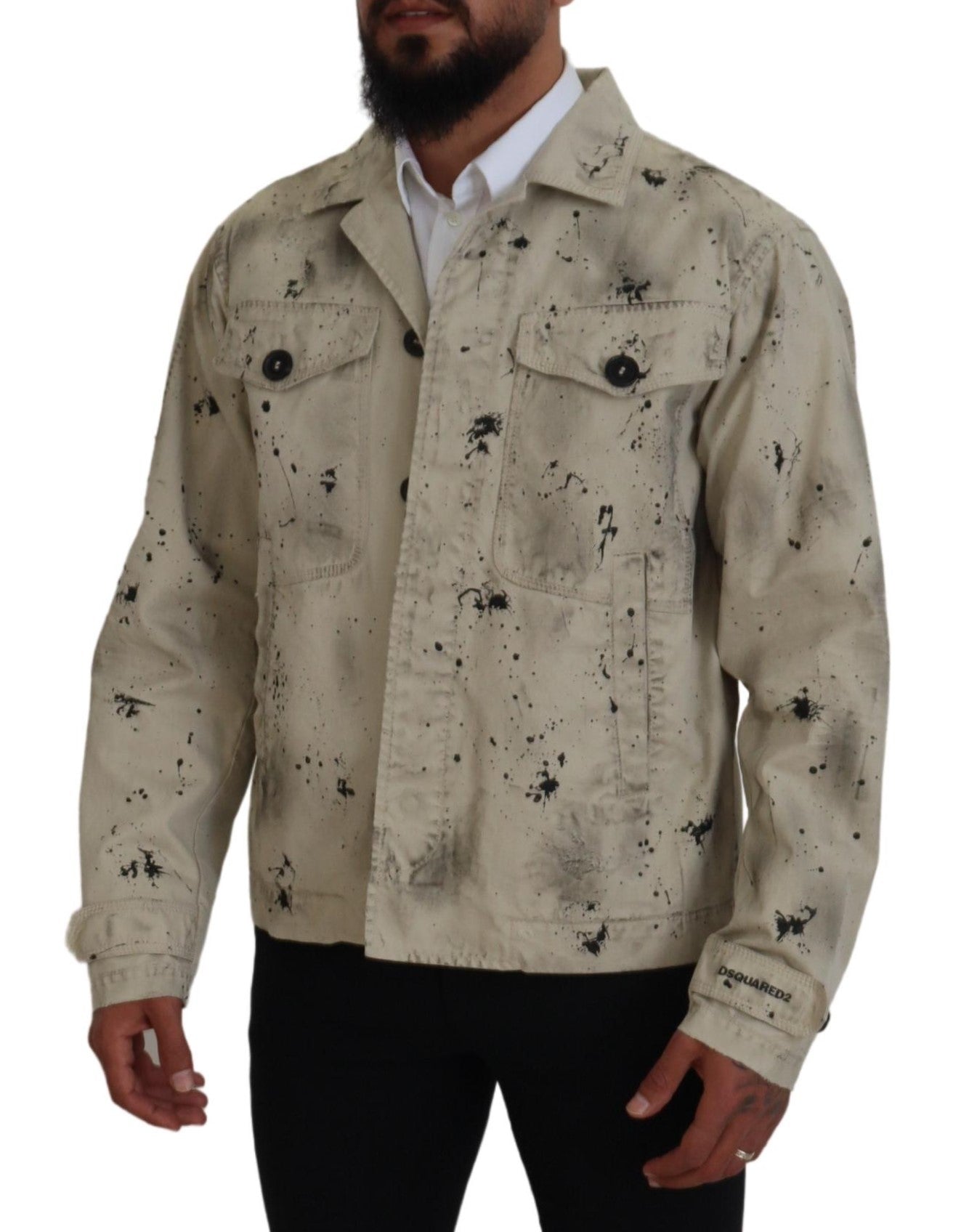 Dsquared² – Lässige Jeansjacke in Off-White mit schwarzem Splash-Print