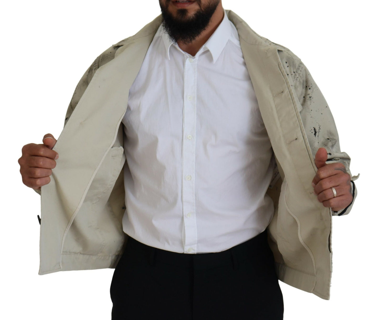 Dsquared² – Lässige Jeansjacke in Off-White mit schwarzem Splash-Print