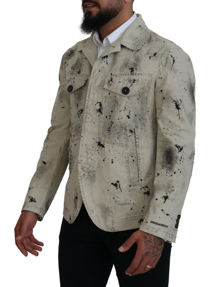 Dsquared² – Lässige Jeansjacke in Off-White mit schwarzem Splash-Print